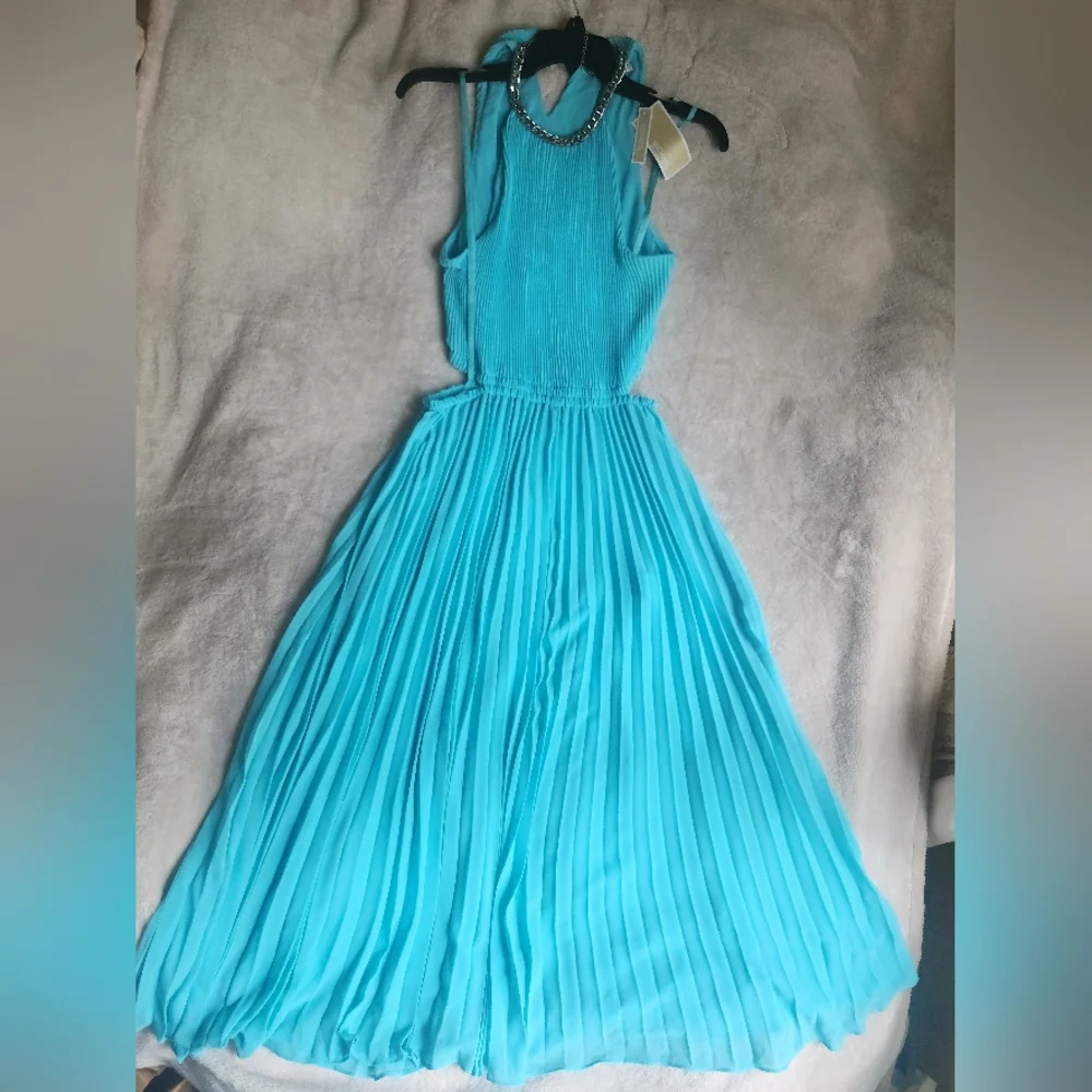 Michael Kors Halter Neck Pleated Cut-out Midi Dress turquoise Sz M & L…